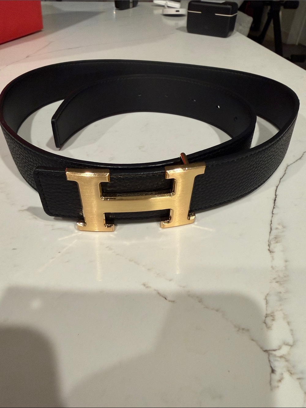 Hermes Black Leather Belt with Gold H Buckle